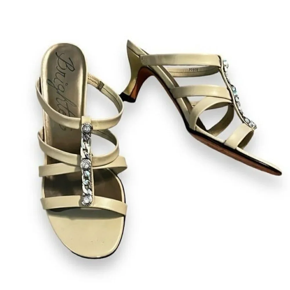 Brighton Shoes Tesoro SwarovskiCrystal Strappy Kitten Heel Sandals Beige Size 8